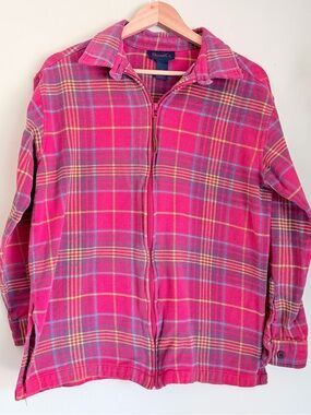 Denim&Co Red Plaid Zip-Front Shirt Jacket with Yellow & Blue Accents Vintage 90s